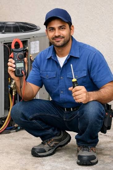 Head On Solutions engineer standing by outdoor heat pump units