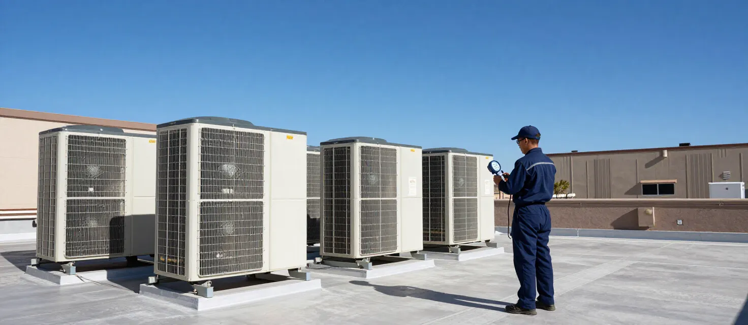 Head On Solutions technician servicing rooftop condenser units under a clear blue sky