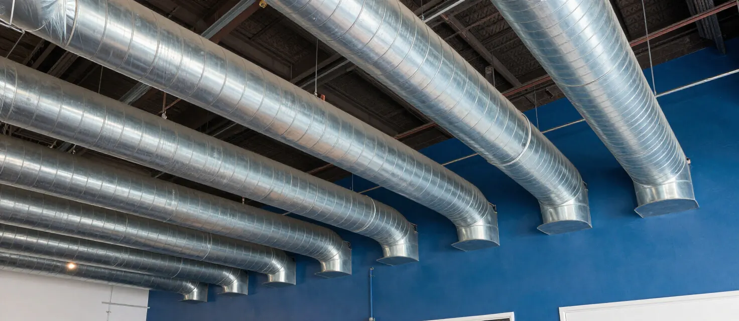 Galvanized steel HVAC ductwork along a commercial ceiling